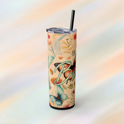 Floral Butterfly Custom Name Skinny Tumbler with Straw, 20oz Black