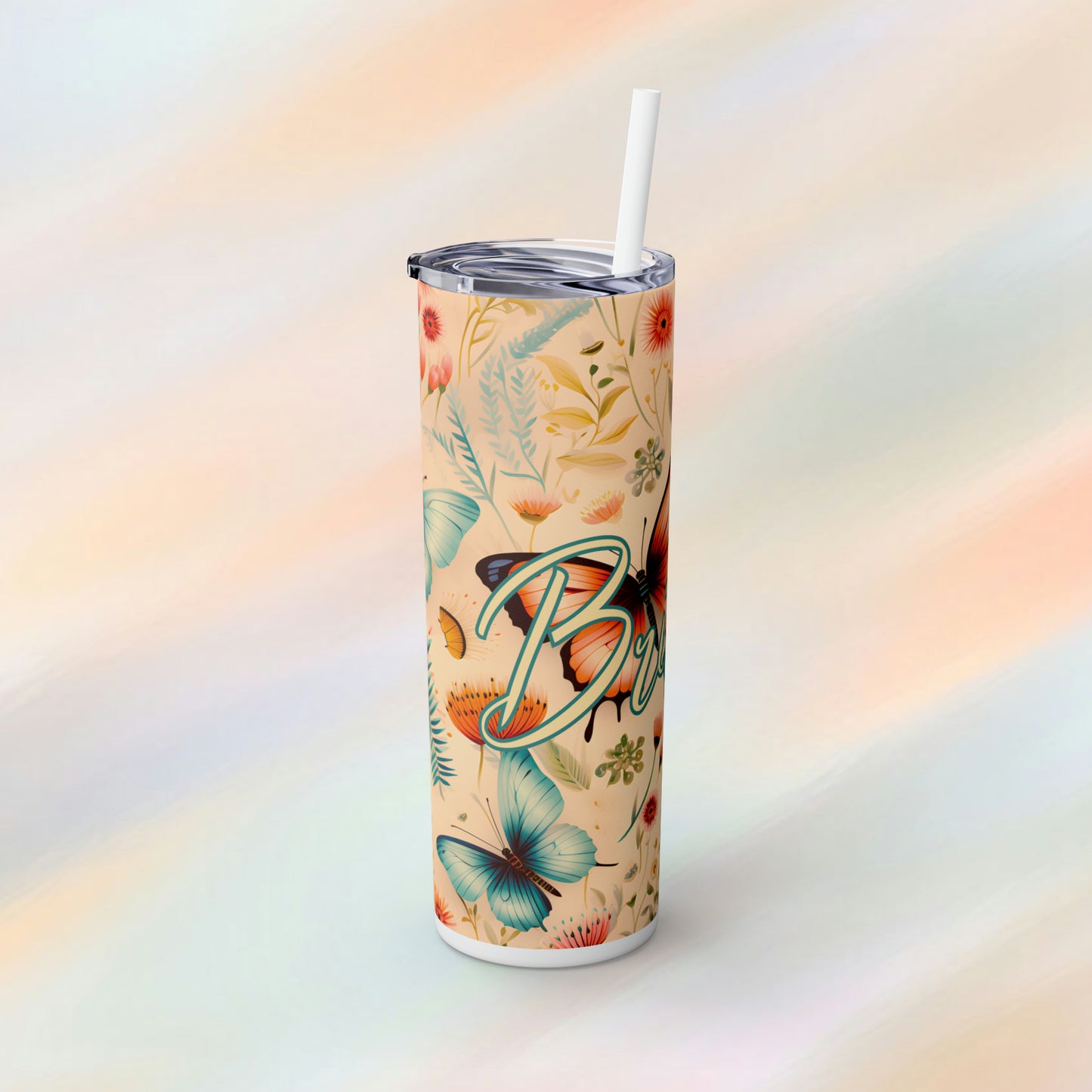 Floral Butterfly Custom Name Skinny Tumbler with Straw, 20oz White