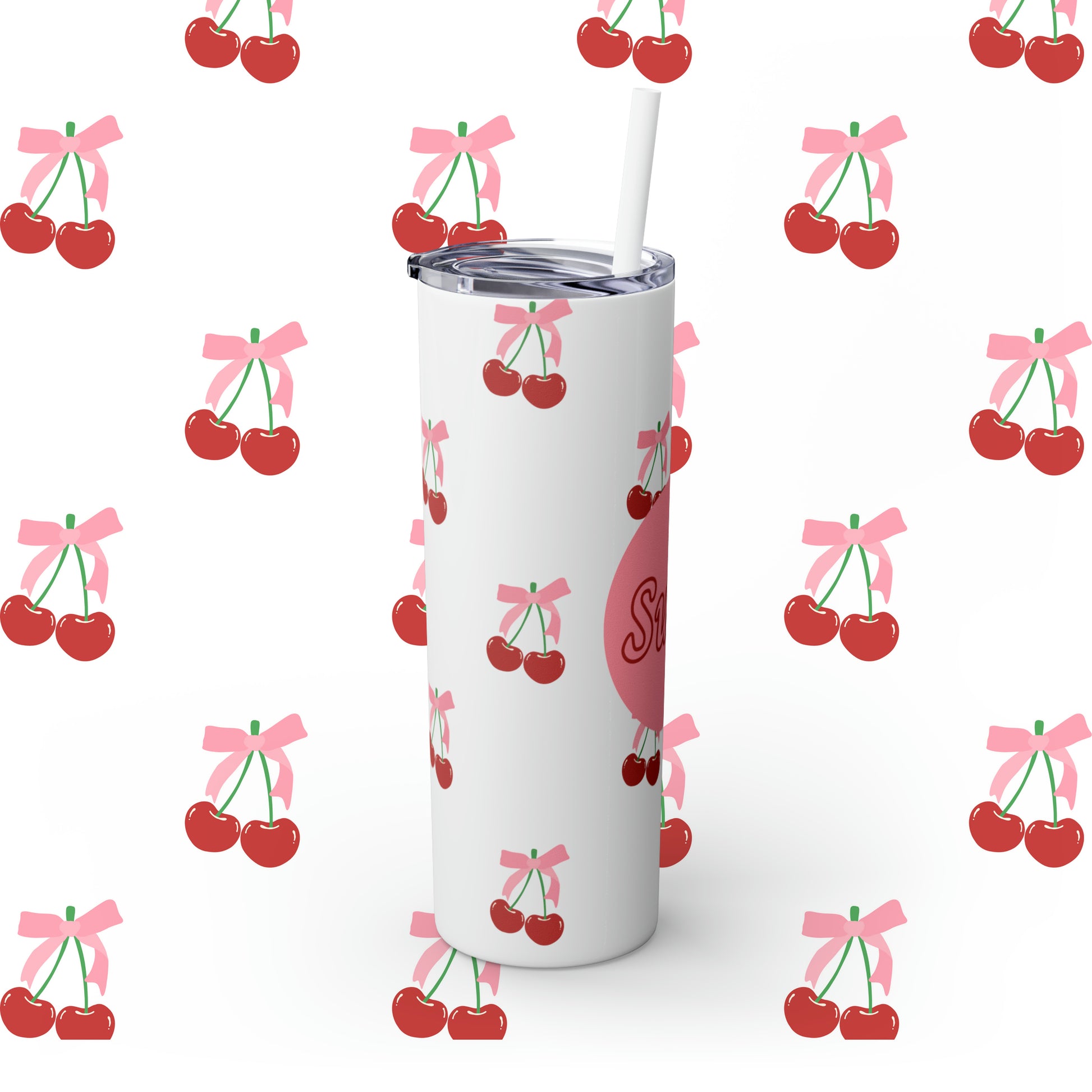 Coquette Cherries Custom Name Skinny Tumbler with Straw, 20oz - Teacher Tumbler - Custom Teacher Tumbler