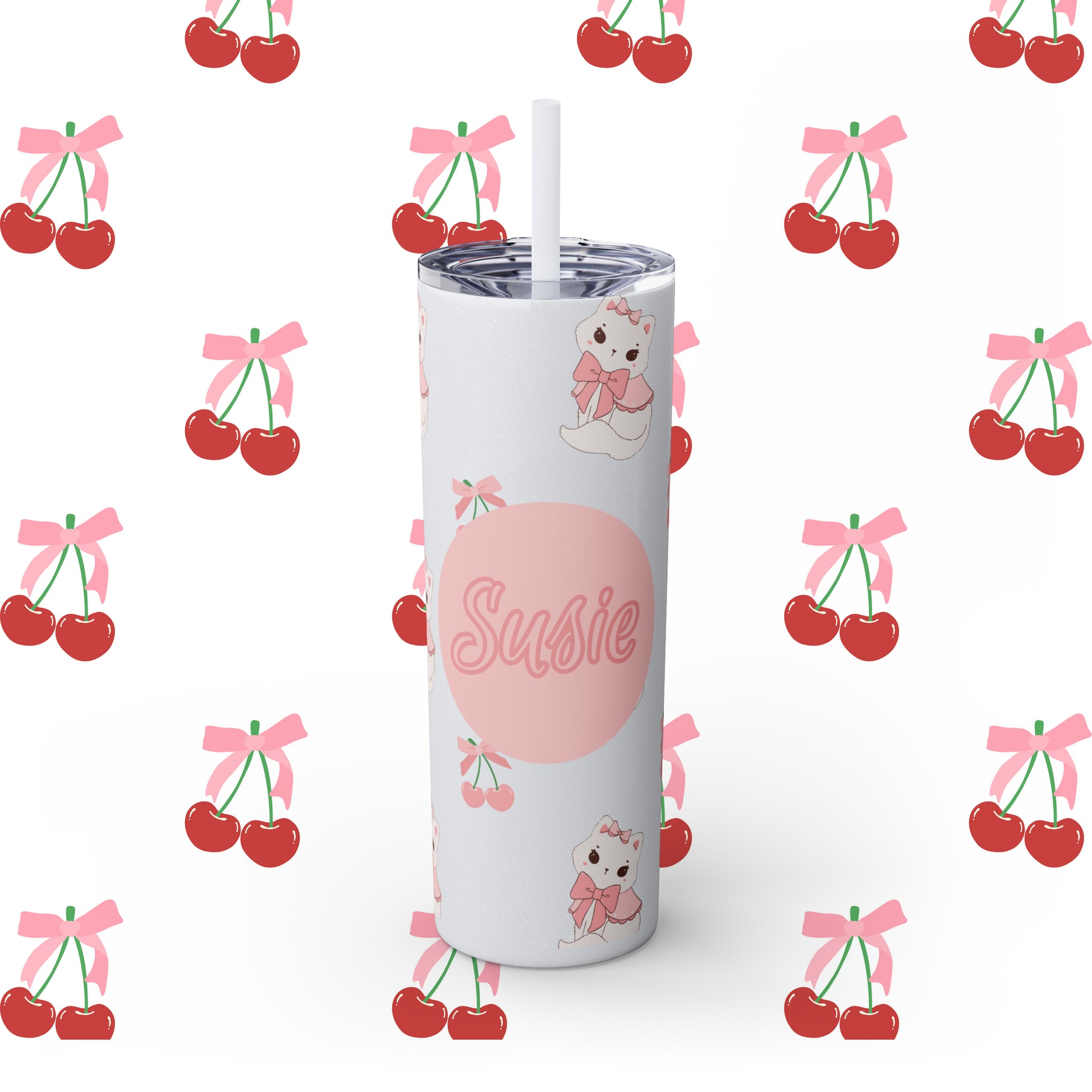 Coquette Cherries & Kittens Custom Name Skinny Tumbler with Straw, 20oz - Coquette Tumbler - Coquette Aesthetic Tumbler