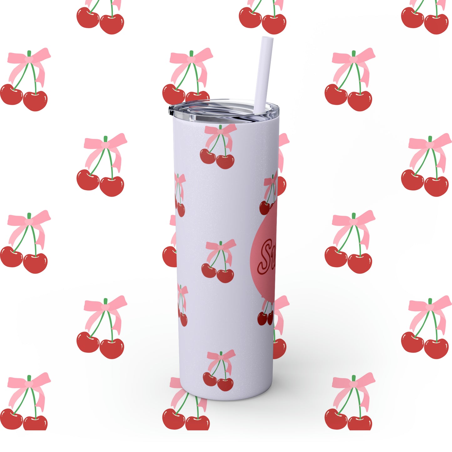 Coquette Cherries Custom Name Skinny Tumbler with Straw, 20oz - Teacher Tumbler - Custom Teacher Tumbler