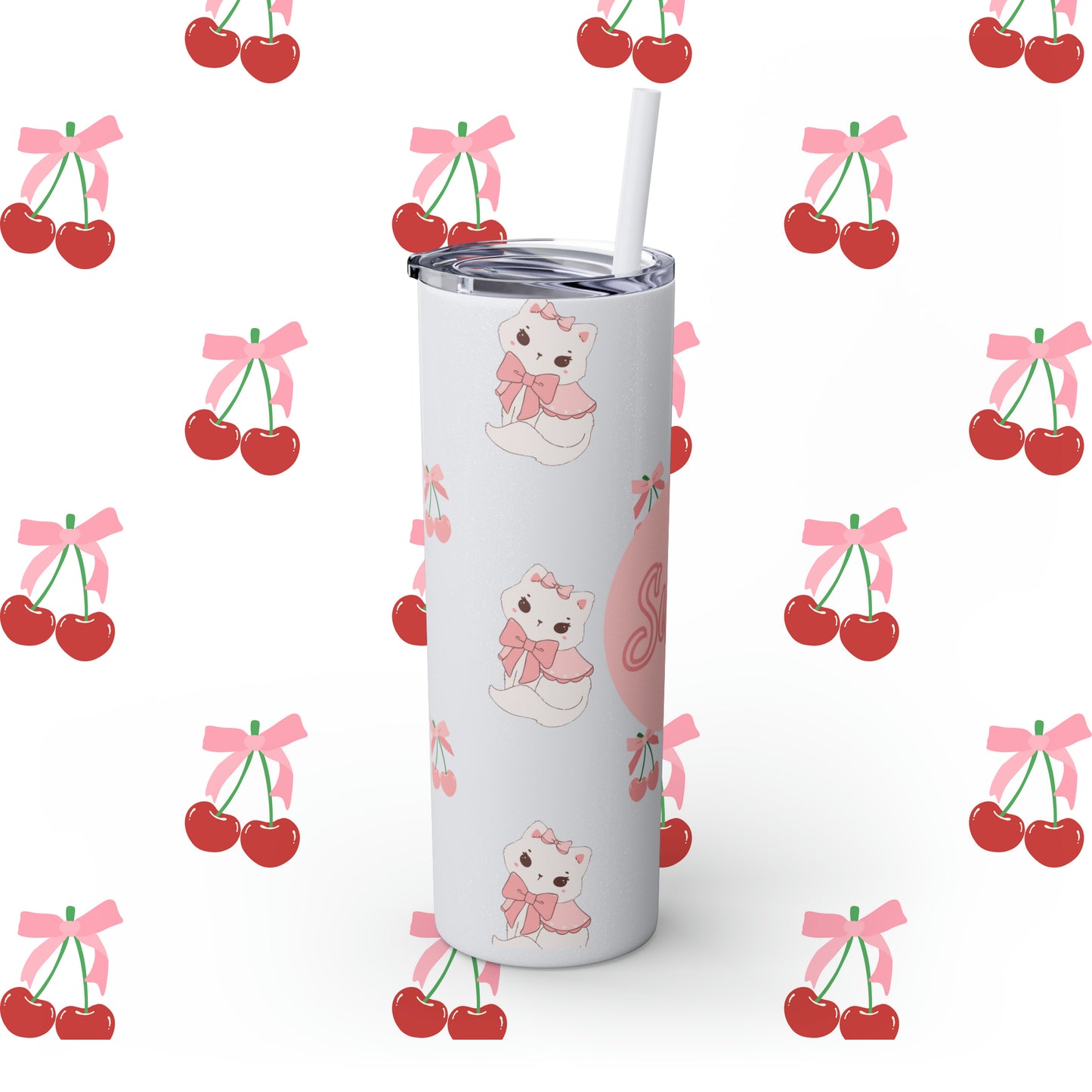 Coquette Cherries & Kittens Custom Name Skinny Tumbler with Straw, 20oz - Coquette Tumbler - Coquette Aesthetic Tumbler