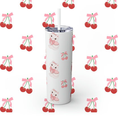 Coquette Cherries & Kittens Custom Name Skinny Tumbler with Straw, 20oz - Coquette Tumbler - Coquette Aesthetic Tumbler