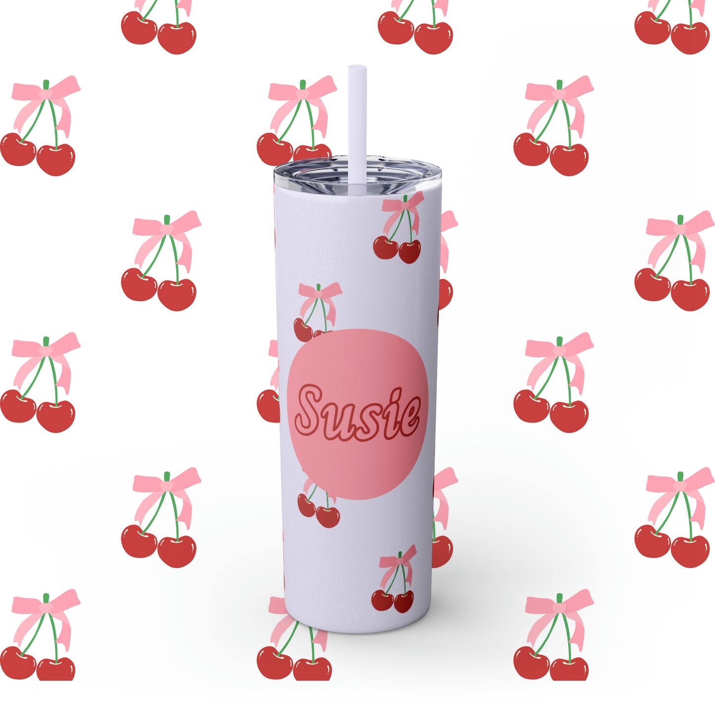 Coquette Cherries Custom Name Skinny Tumbler with Straw, 20oz - Teacher Tumbler - Custom Teacher Tumbler