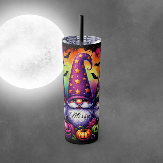 Custom Name Gnome Halloween 20oz Skinny Tumbler with Straw - Halloween Tumbler