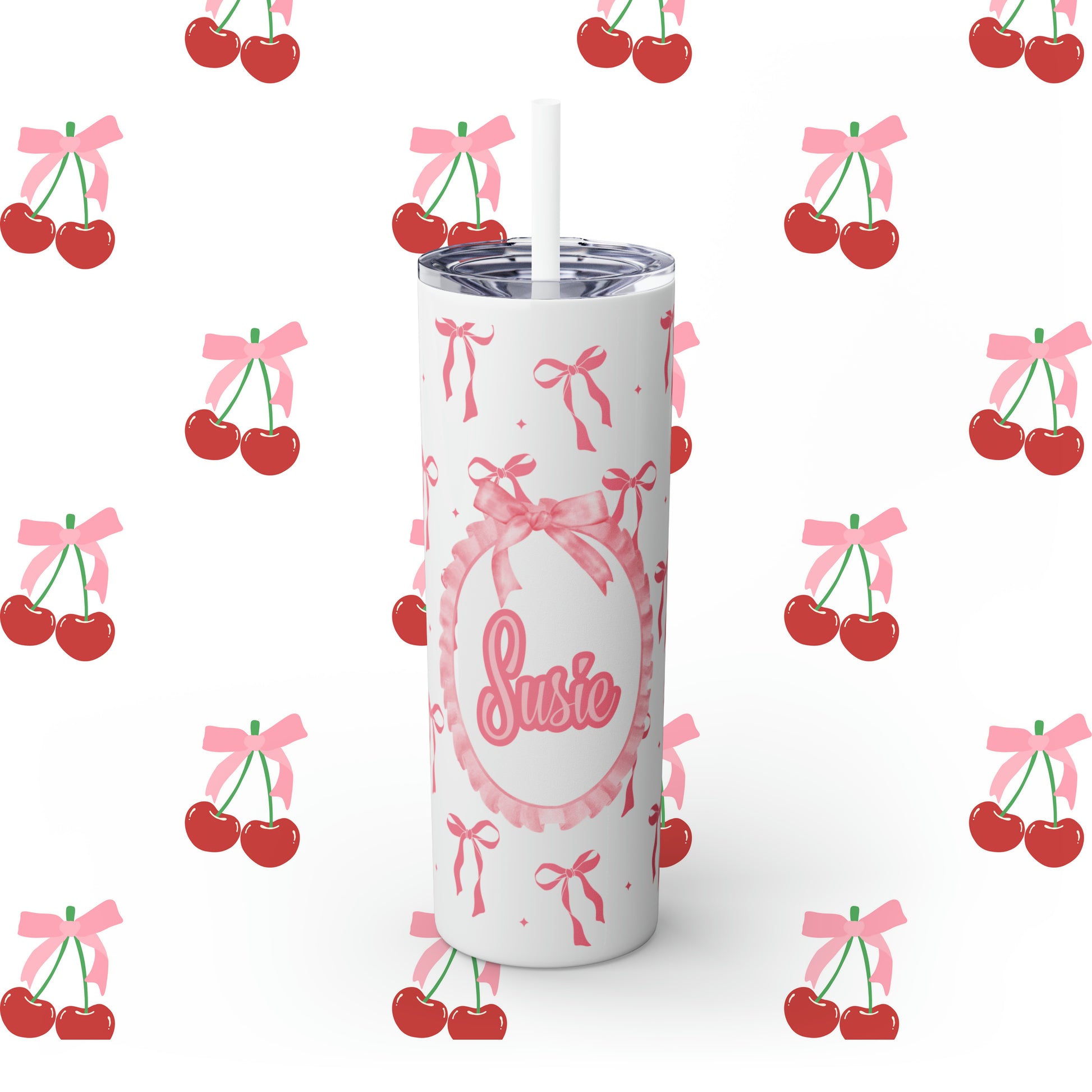 Coquette Bows Custom Name Skinny Tumbler with Straw, 20oz - Coquette Tumbler - Coquette Aesthetic Tumbler