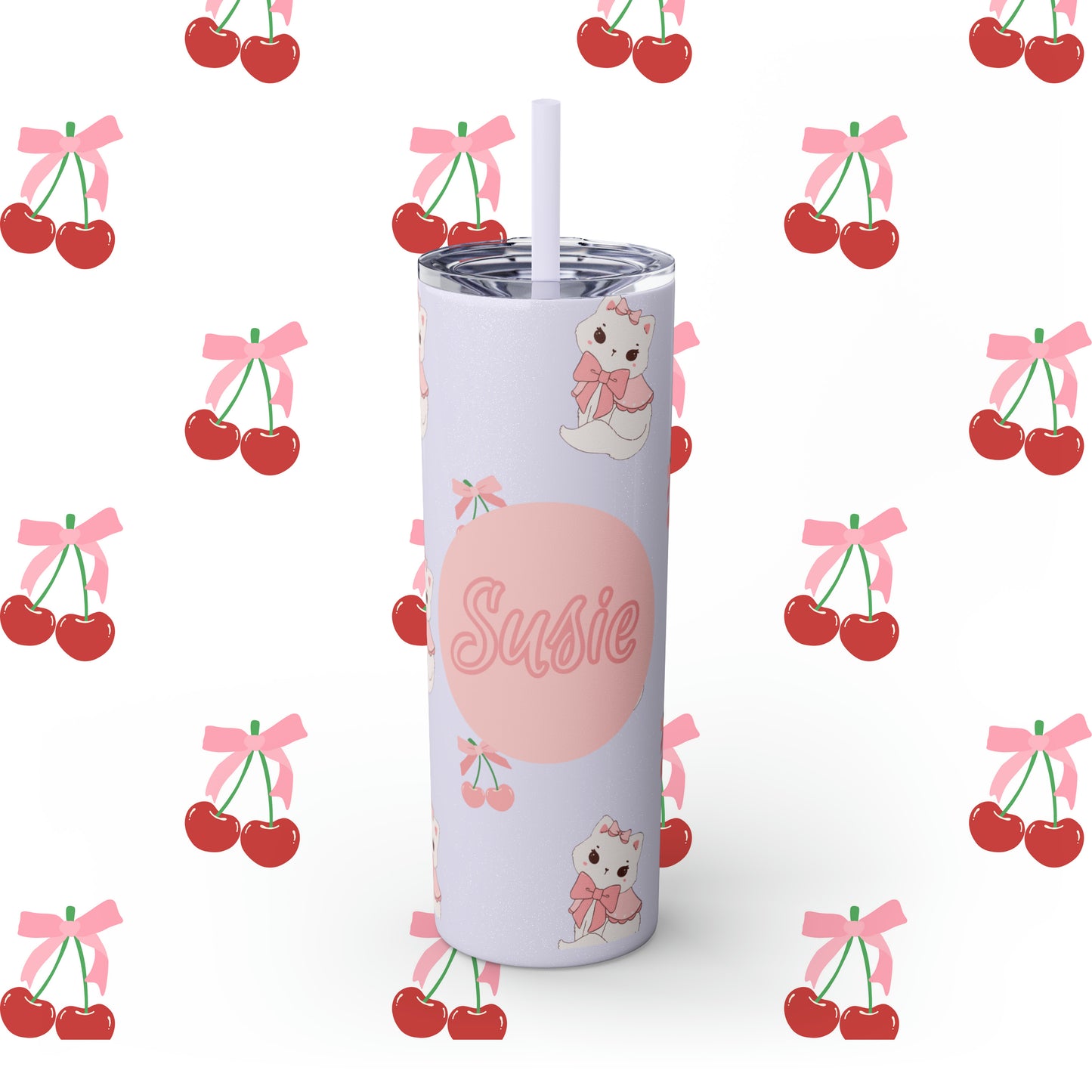 Coquette Cherries & Kittens Custom Name Skinny Tumbler with Straw, 20oz - Coquette Tumbler - Coquette Aesthetic Tumbler