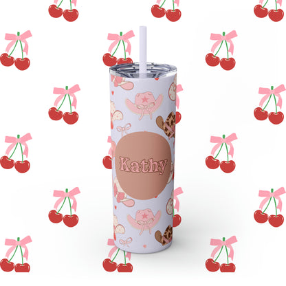 Coquette Cowgirl Hat Custom Name Skinny Tumbler with Straw, 20oz - Coquette Tumbler - Coquette Aesthetic Tumbler