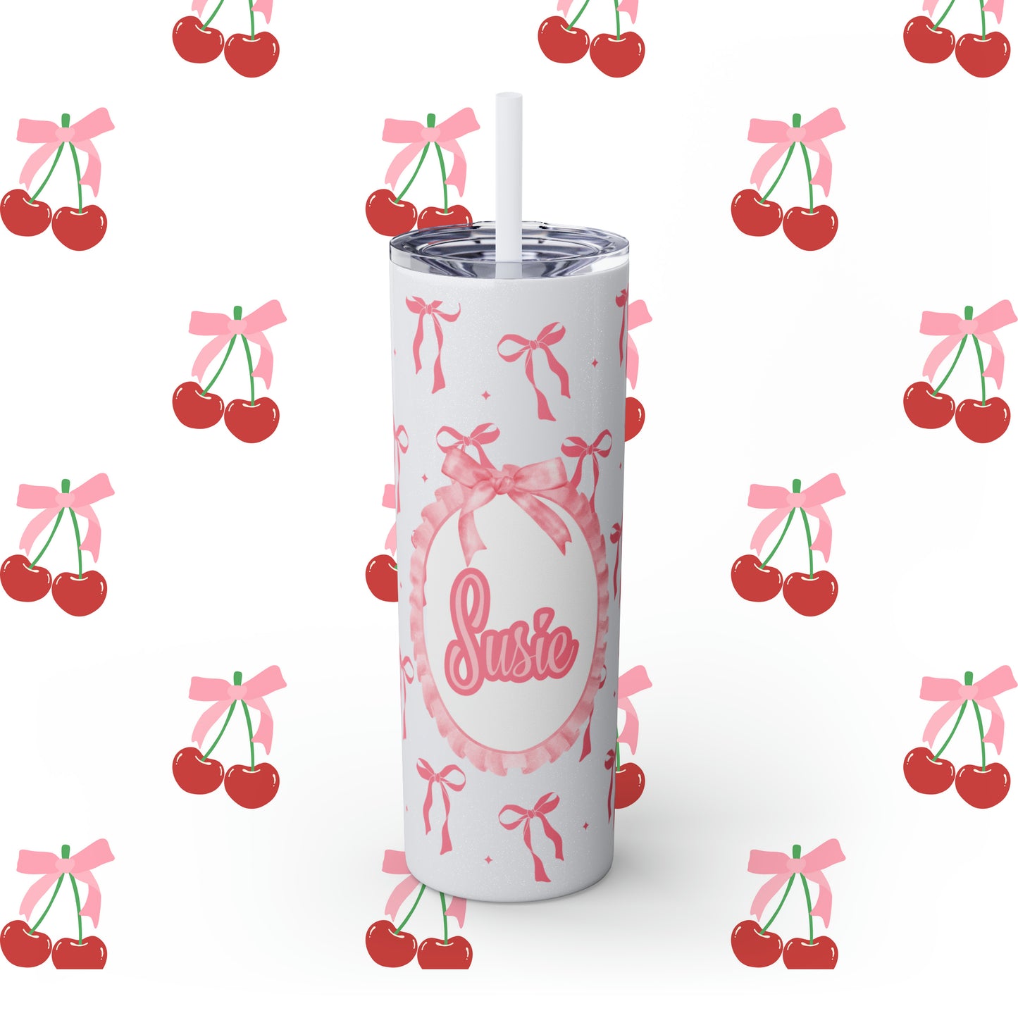 Coquette Bows Custom Name Skinny Tumbler with Straw, 20oz - Coquette Tumbler - Coquette Aesthetic Tumbler