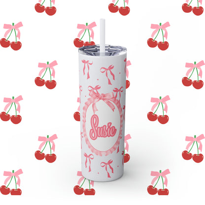 Coquette Bows Custom Name Skinny Tumbler with Straw, 20oz - Coquette Tumbler - Coquette Aesthetic Tumbler