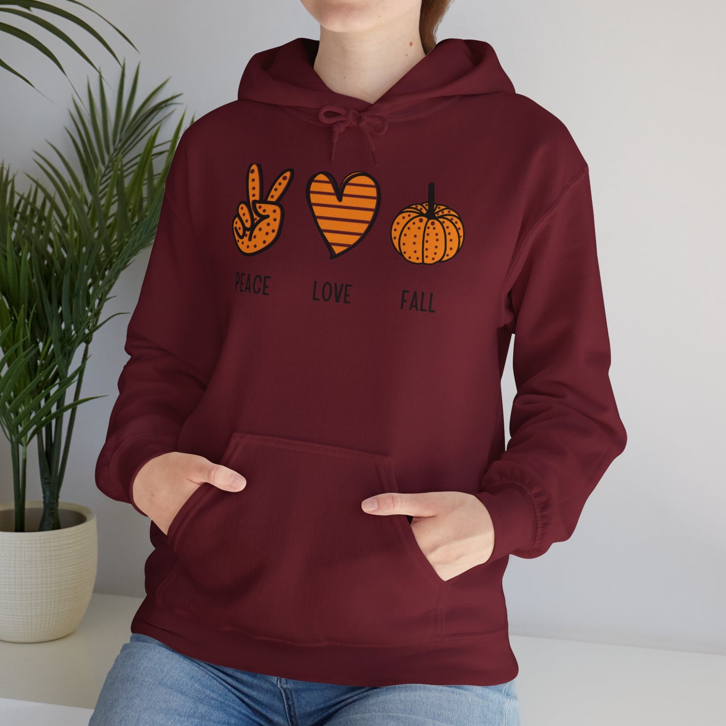 Peace Love Fall Hoodie - Embrace Autumn Vibes with Peace, Heart, and Pumpkin Design