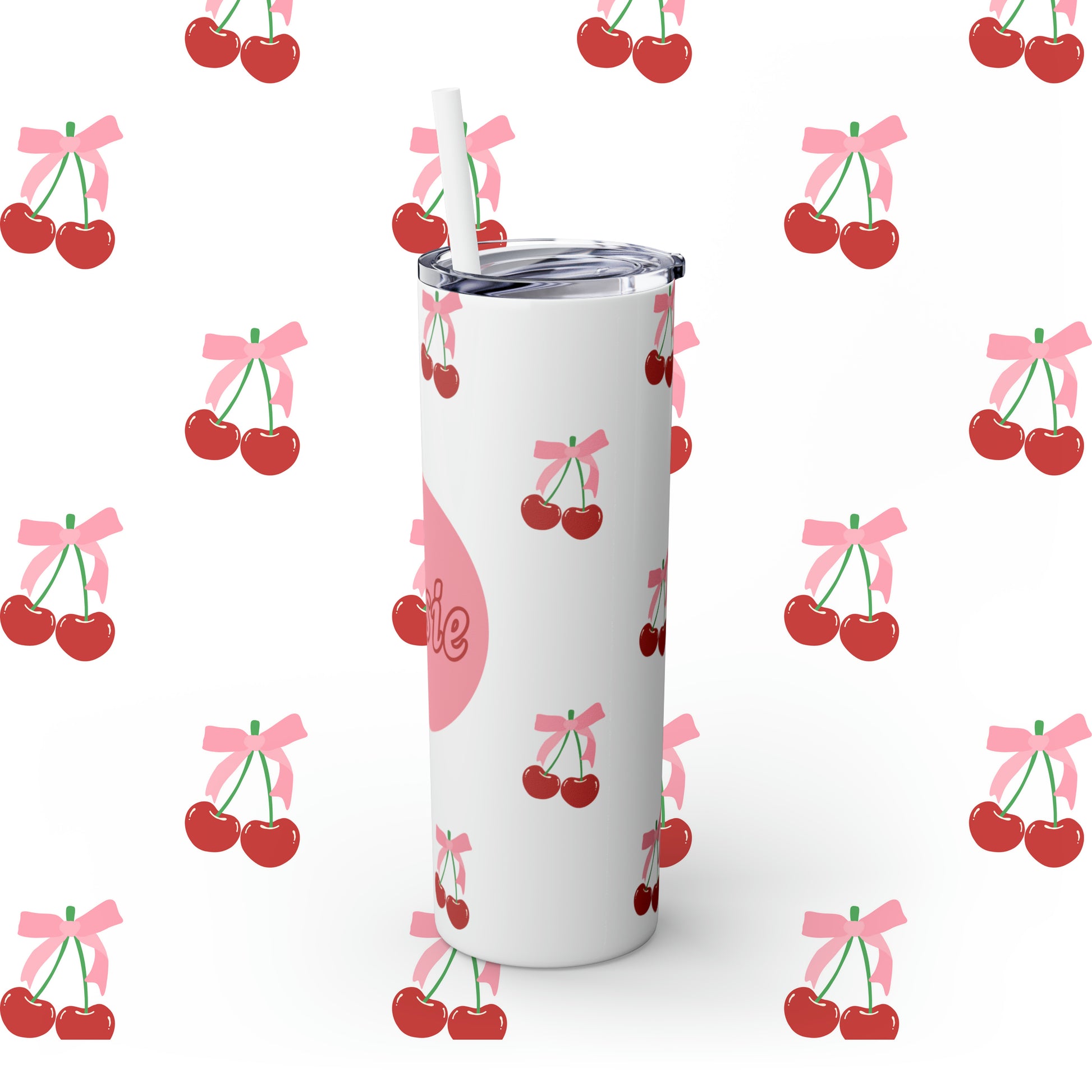 Coquette Cherries Custom Name Skinny Tumbler with Straw, 20oz - Teacher Tumbler - Custom Teacher Tumbler