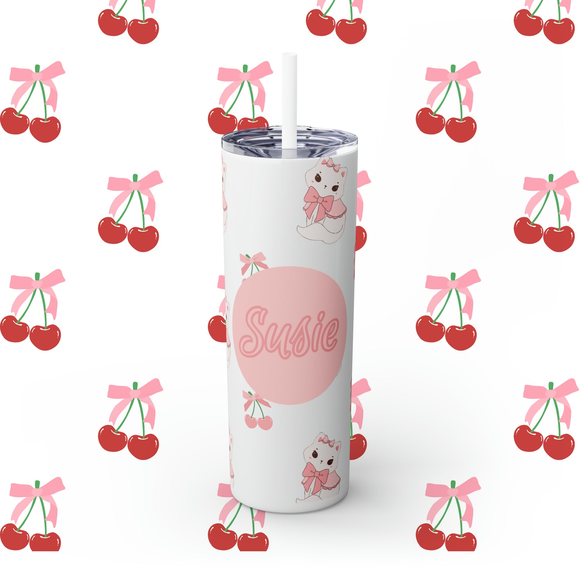 Coquette Cherries & Kittens Custom Name Skinny Tumbler with Straw, 20oz - Coquette Tumbler - Coquette Aesthetic Tumbler