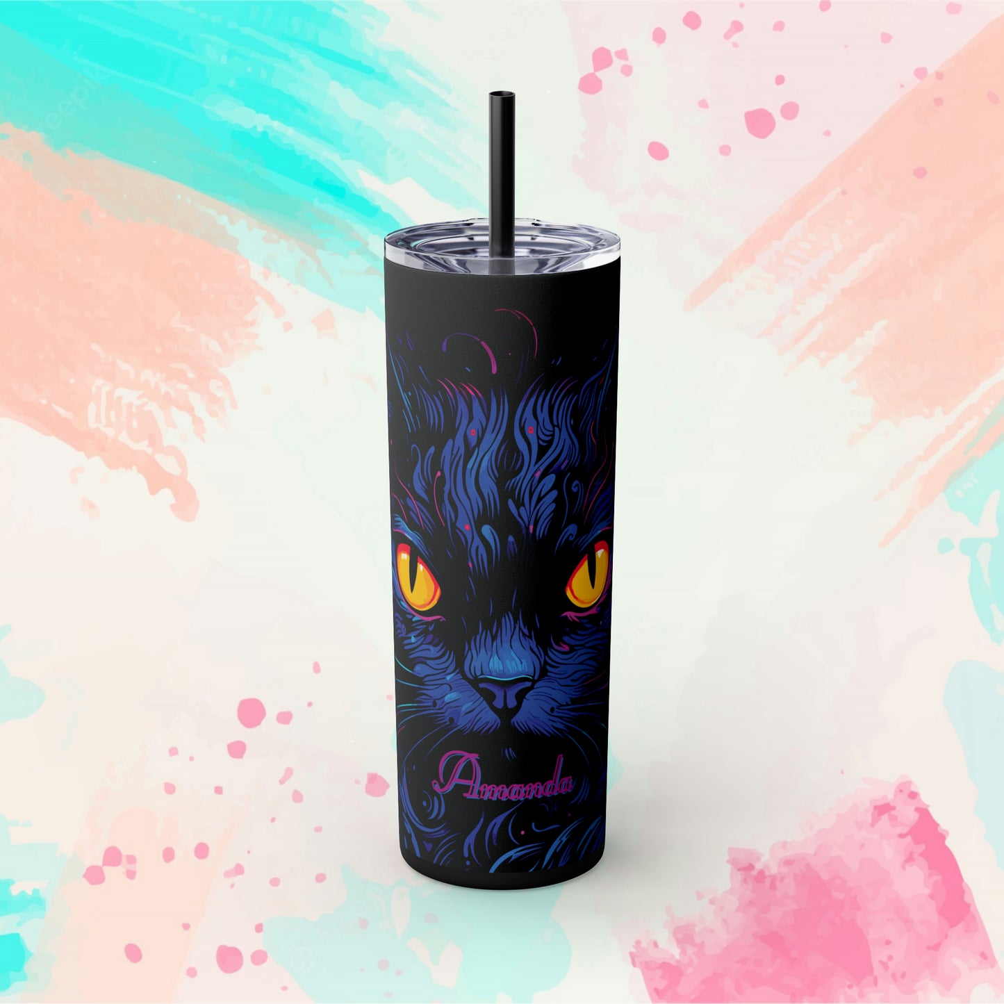 Black Cat Custom Name Skinny Tumbler with Straw, 20oz - Black Cat Tumbler - Custom Tumblers