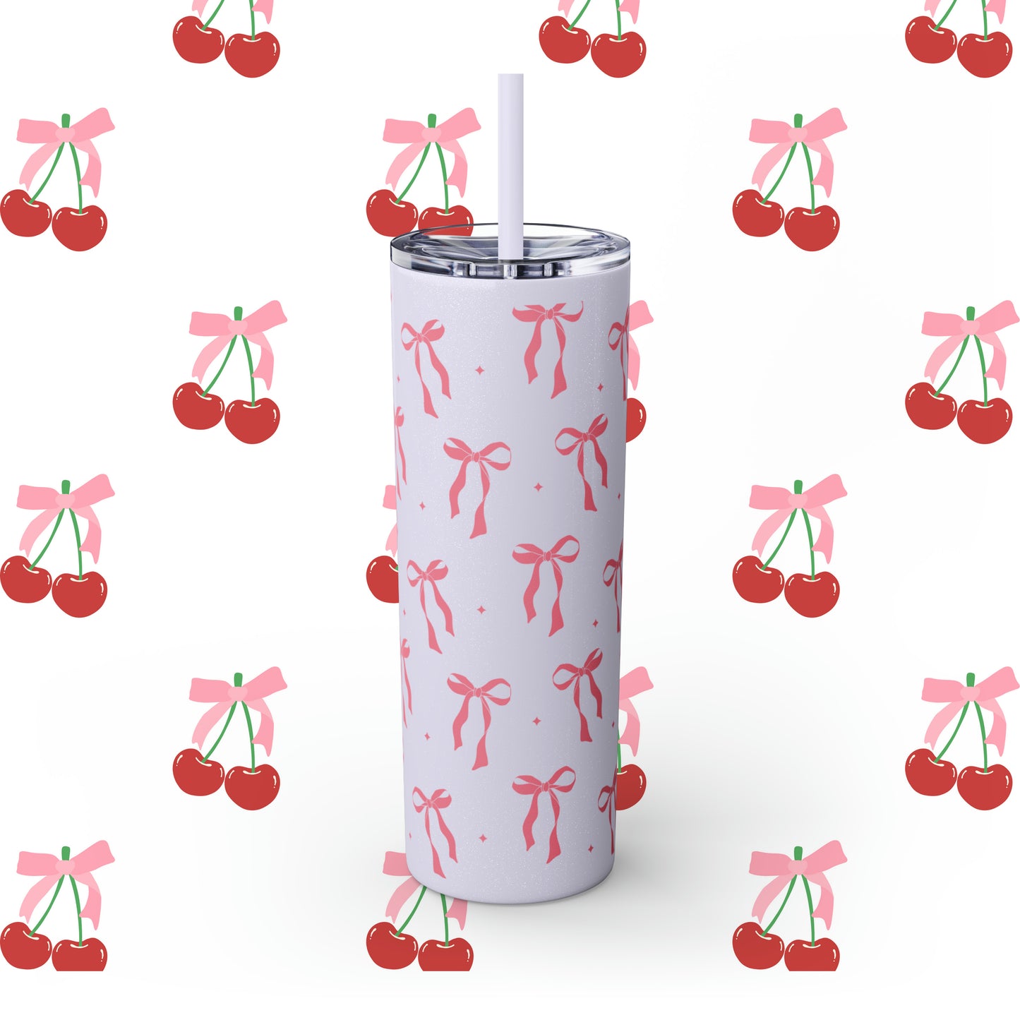 Coquette Bows Custom Name Skinny Tumbler with Straw, 20oz - Coquette Tumbler - Coquette Aesthetic Tumbler