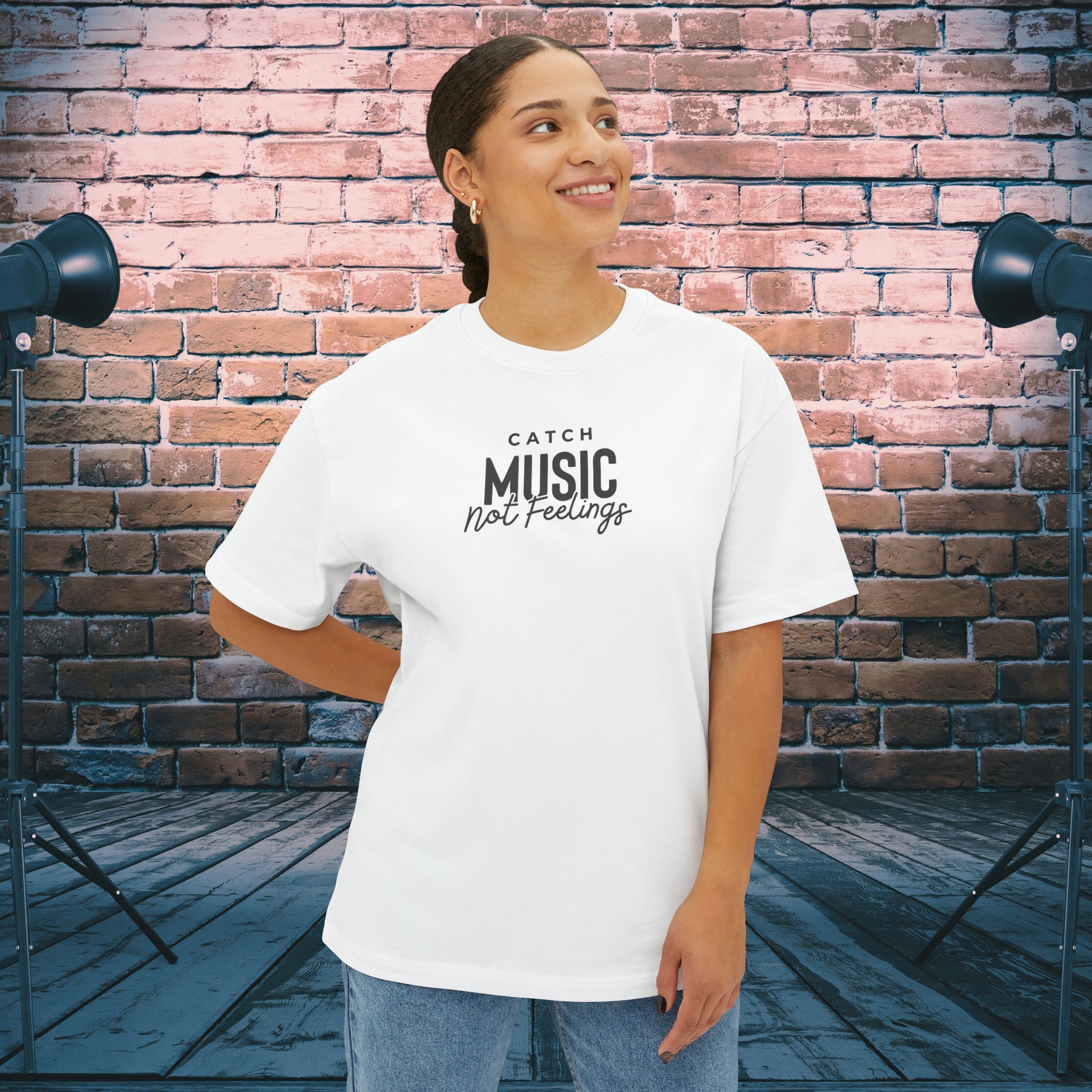 Catch Music Not Feelings Oversized Boxy TShirt White