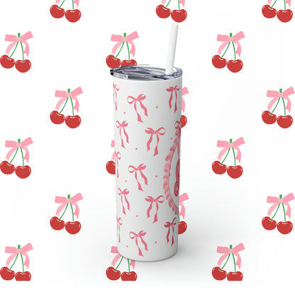 Coquette Bows Custom Name Skinny Tumbler with Straw, 20oz - Coquette Tumbler - Coquette Aesthetic Tumbler