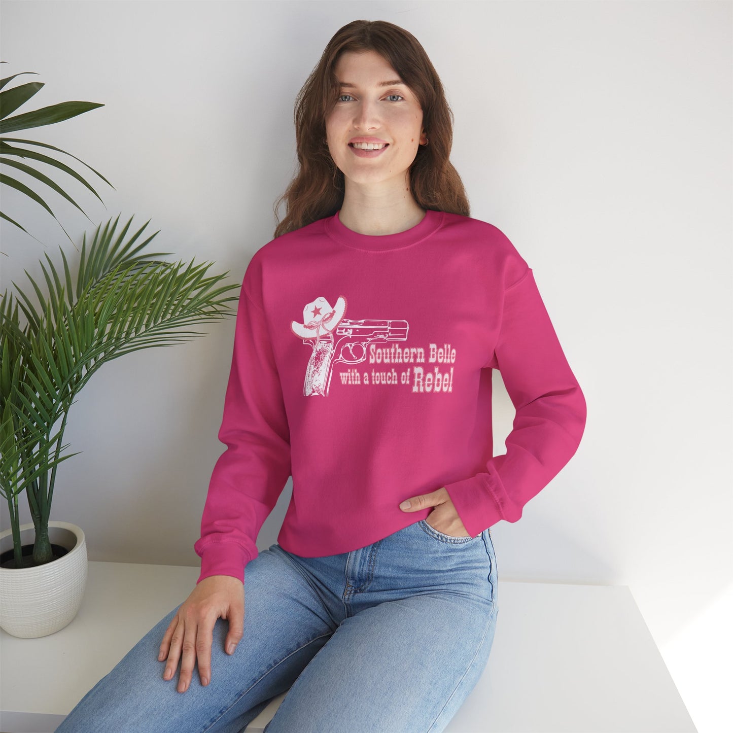 Southern Belle With A Touch Of Rebel Crewneck Sweatshirt Heliconia Model