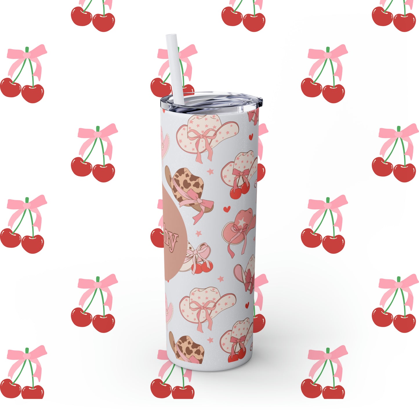 Coquette Cowgirl Hat Custom Name Skinny Tumbler with Straw, 20oz - Coquette Tumbler - Coquette Aesthetic Tumbler