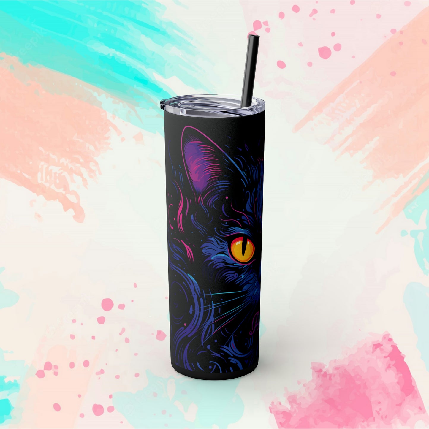 Black Cat Custom Name Skinny Tumbler with Straw, 20oz - Black Cat Tumbler - Custom Tumblers