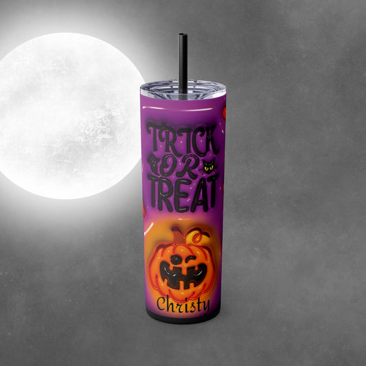 Trick or Treat Pumpkin Halloween 20oz Skinny Tumbler with Straw - Halloween Tumbler