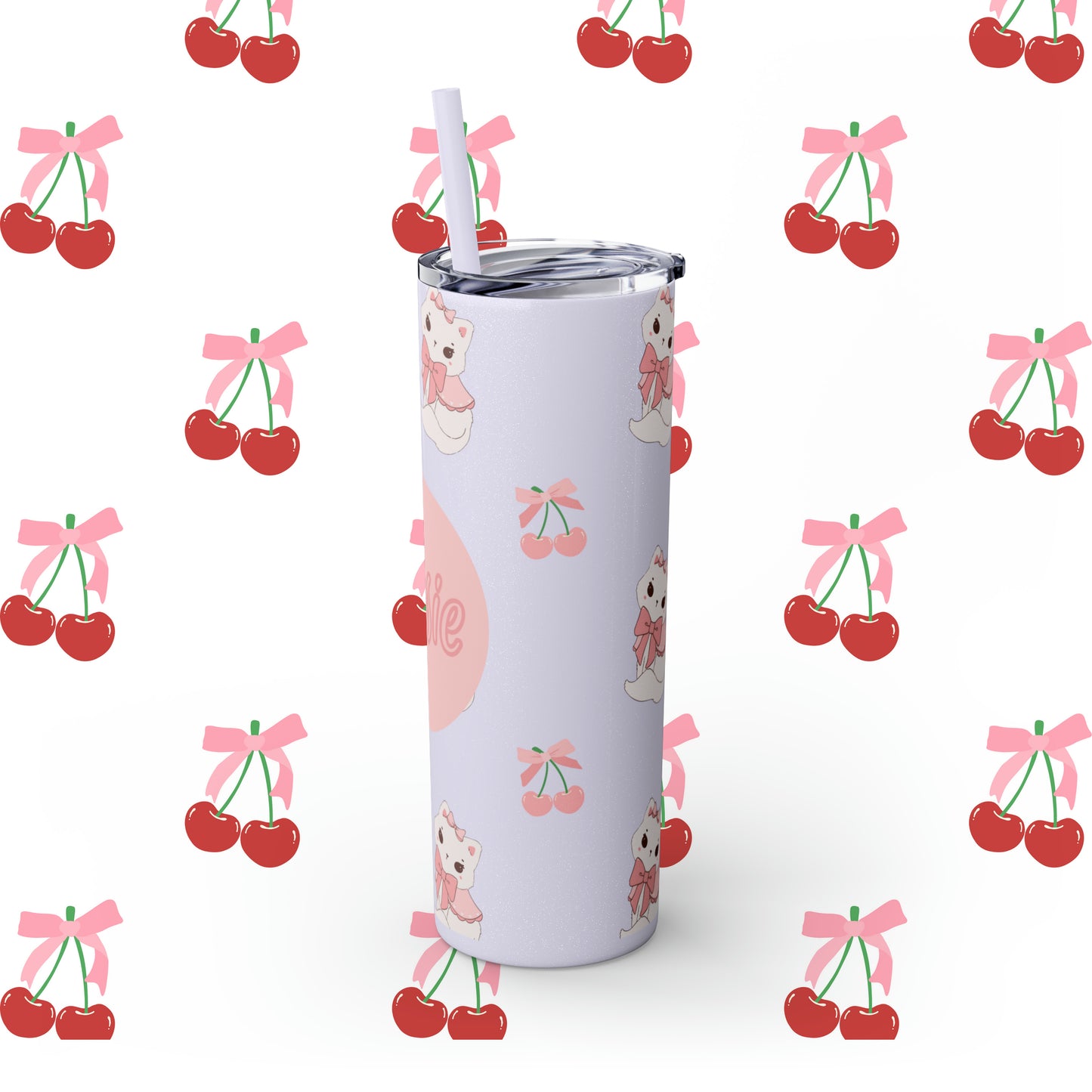 Coquette Cherries & Kittens Custom Name Skinny Tumbler with Straw, 20oz - Coquette Tumbler - Coquette Aesthetic Tumbler