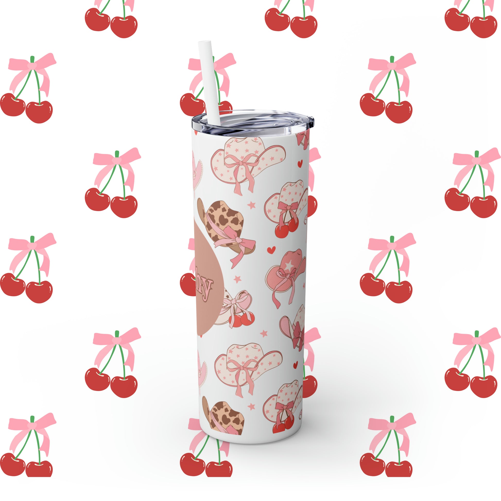 Coquette Cowgirl Hat Custom Name Skinny Tumbler with Straw, 20oz - Coquette Tumbler - Coquette Aesthetic Tumbler