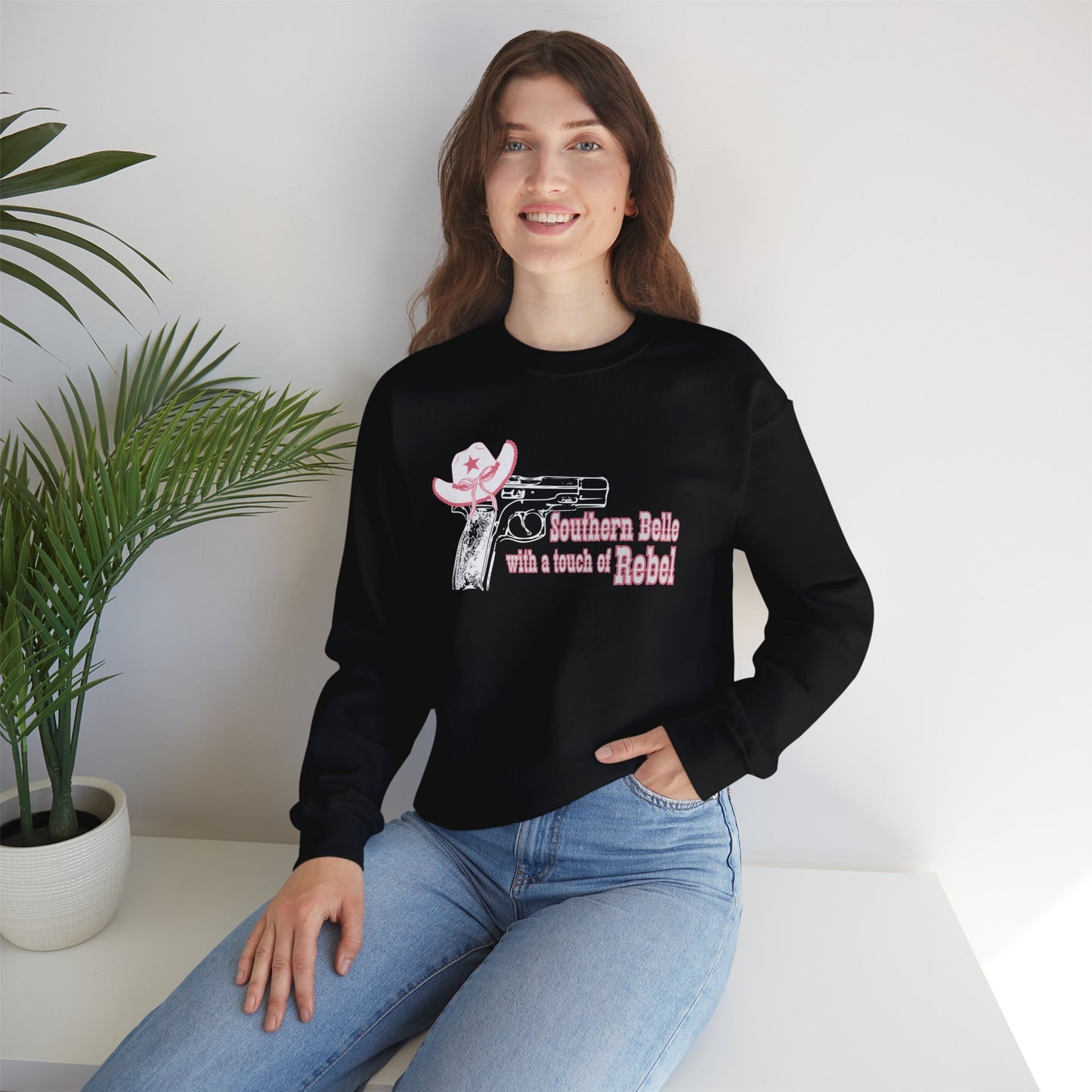 Southern Belle With A Touch Of Rebel Crewneck Sweatshirt Black Model