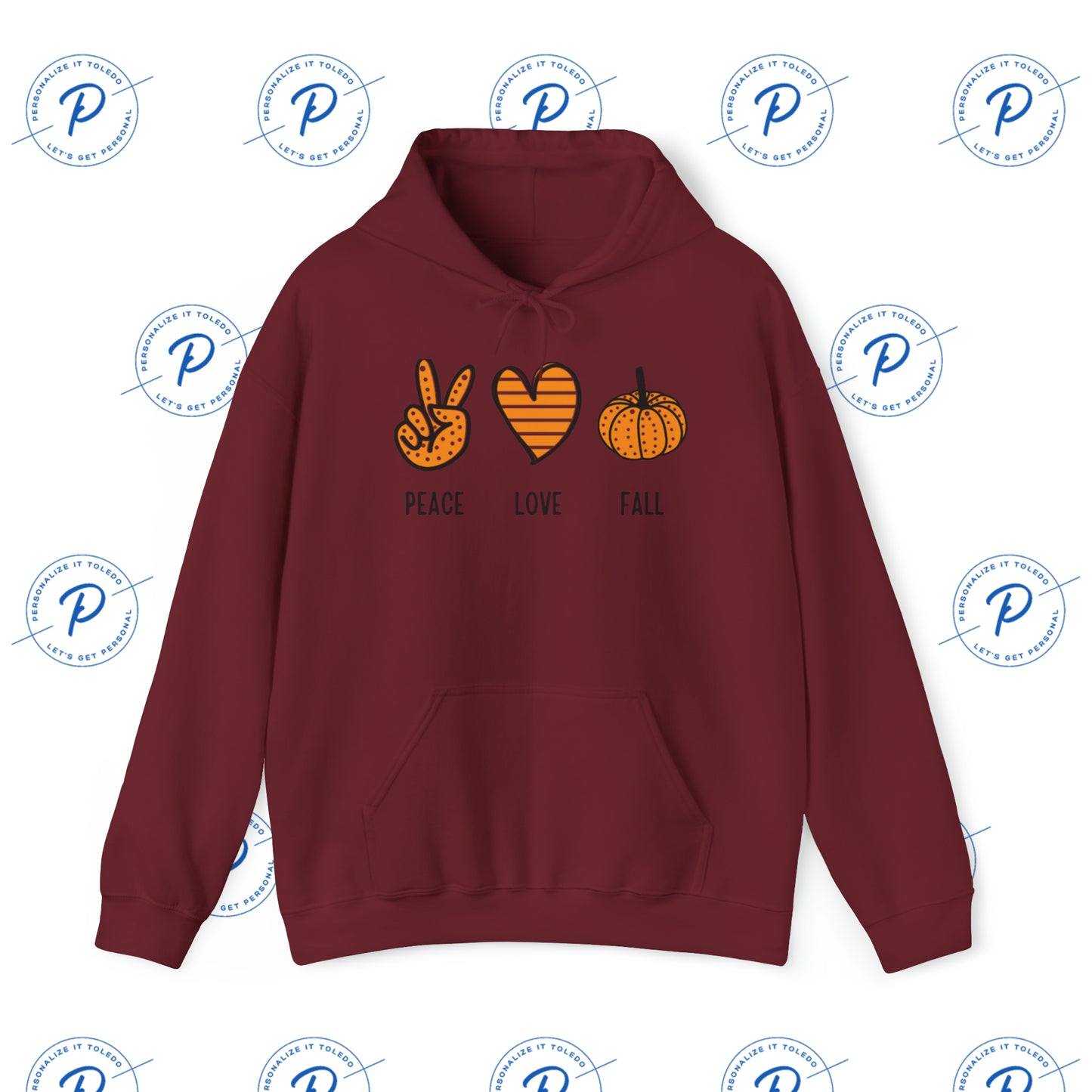 Peace Love Fall Hoodie - Embrace Autumn Vibes with Peace, Heart, and Pumpkin Design