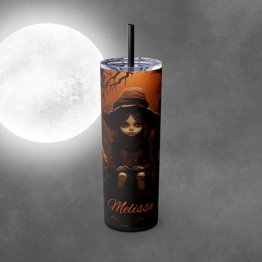 Custom Name Little Witch Halloween 20oz Skinny Tumbler with Straw - Halloween Tumbler