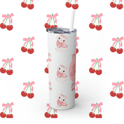 Coquette Cherries & Kittens Custom Name Skinny Tumbler with Straw, 20oz - Coquette Tumbler - Coquette Aesthetic Tumbler