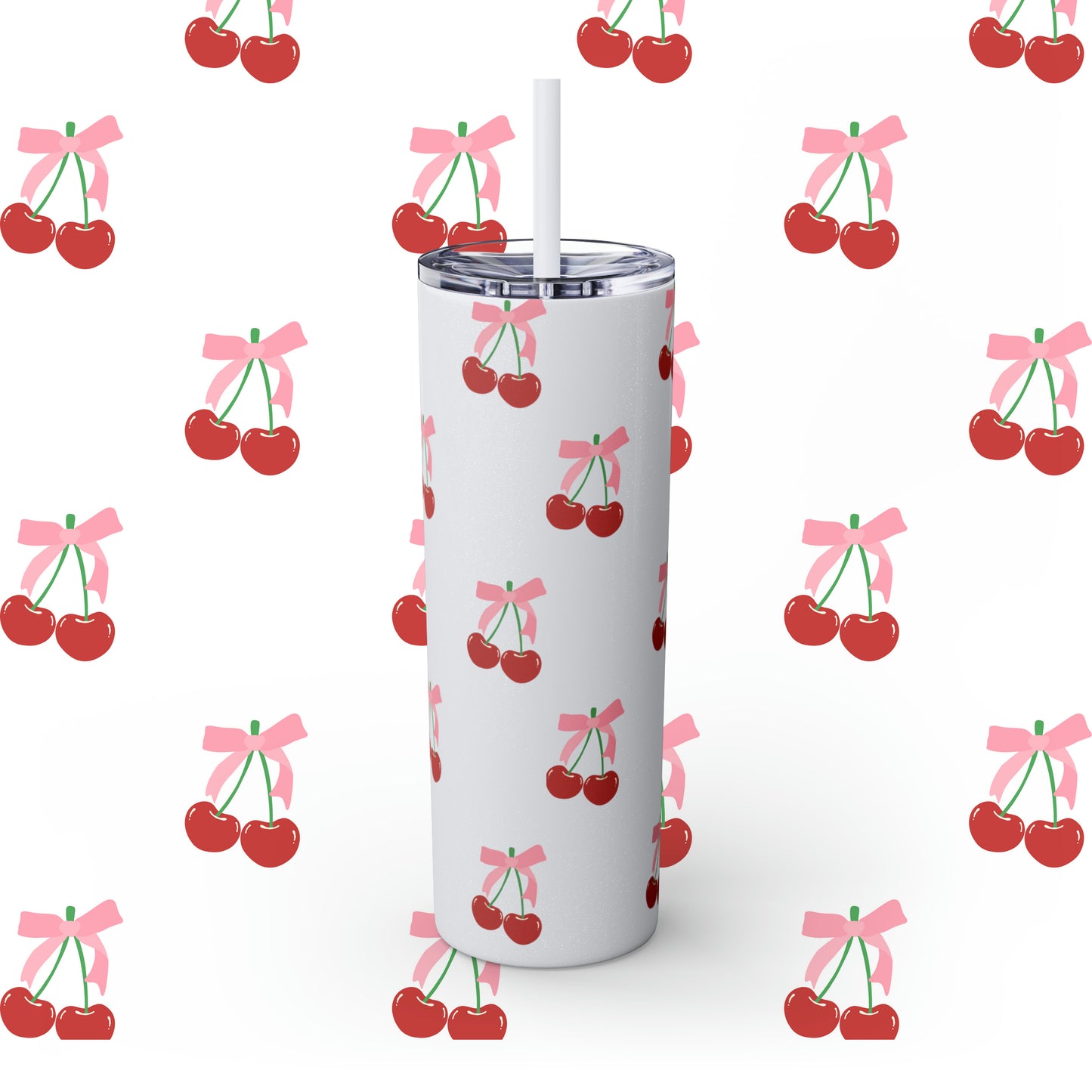 Coquette Cherries Custom Name Skinny Tumbler with Straw, 20oz - Teacher Tumbler - Custom Teacher Tumbler