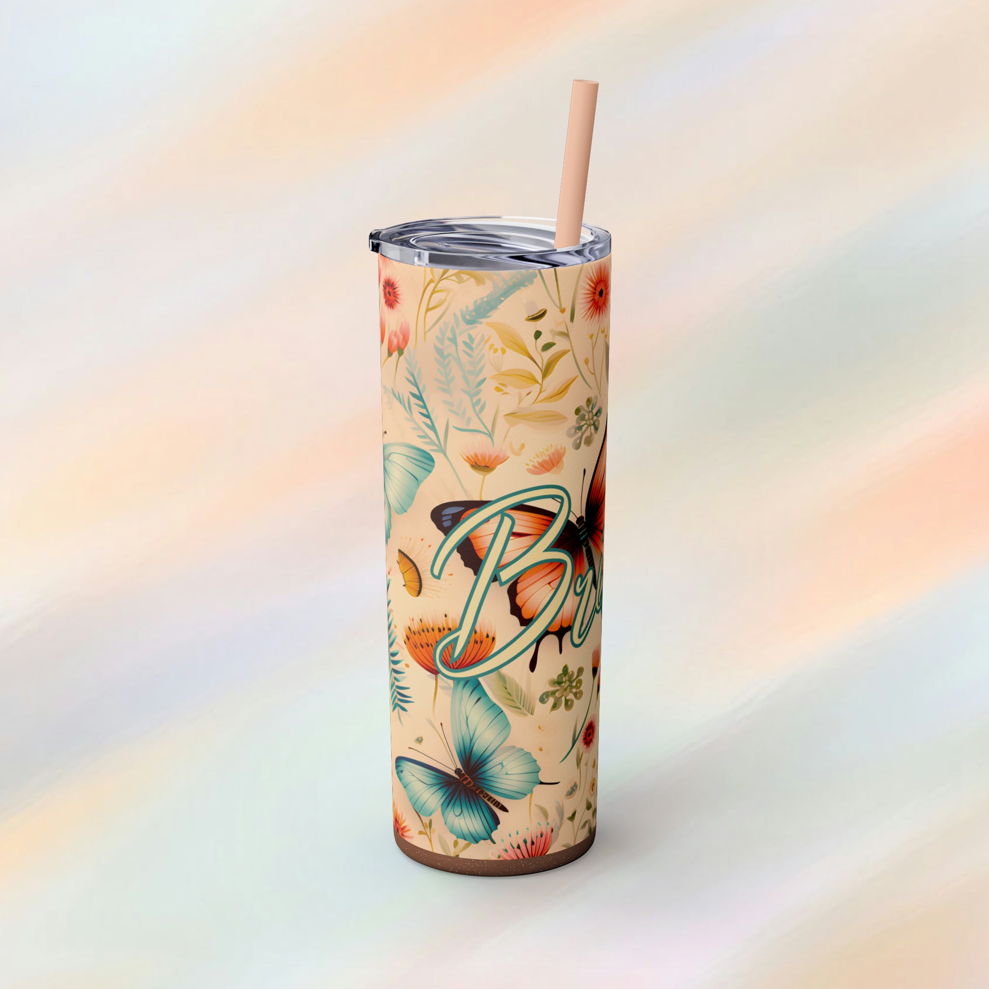 Floral Butterfly Custom Name Skinny Tumbler with Straw, 20oz Glitter Rose Gold