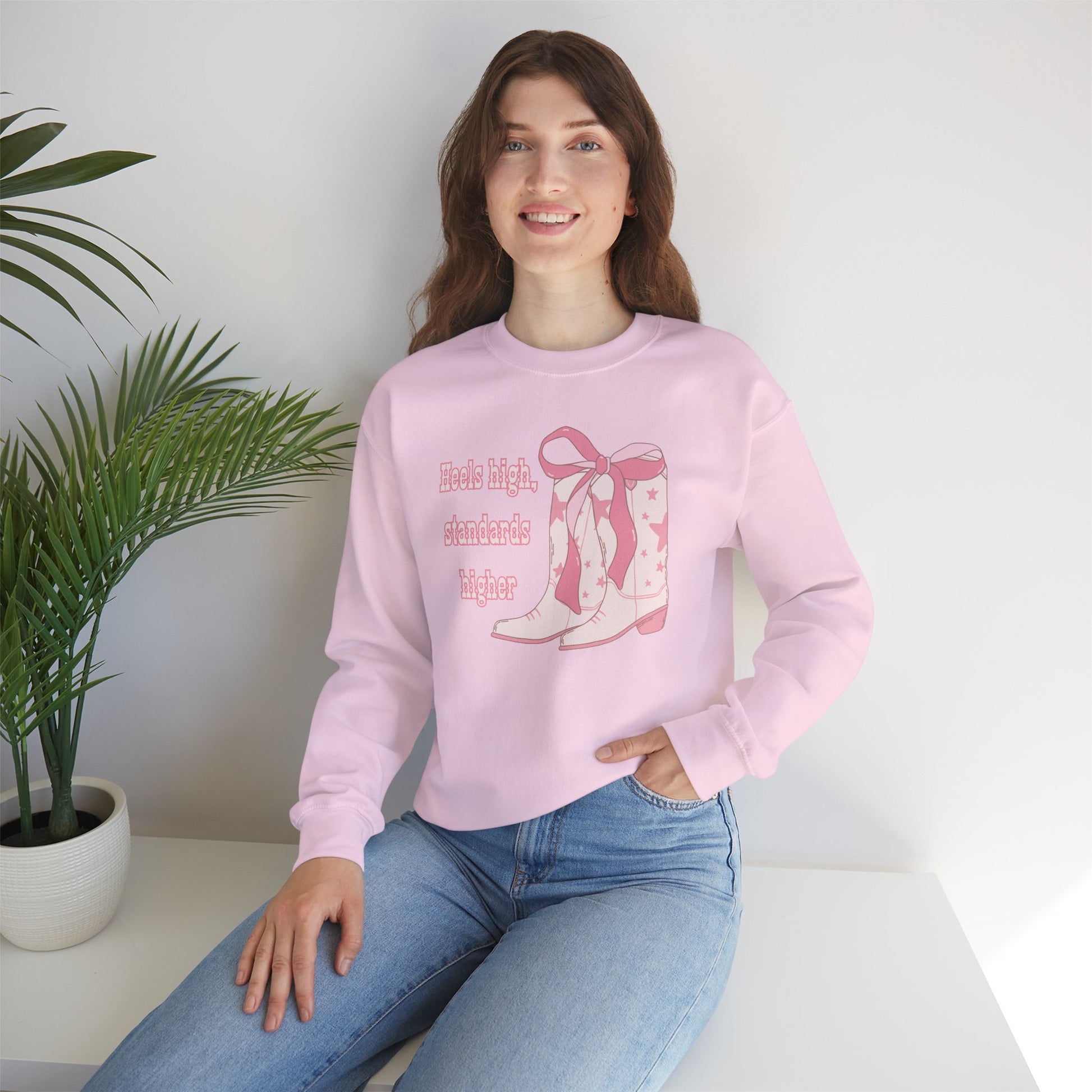 Heels High Standards Higher Crewneck Sweatshirt Light Pink Model