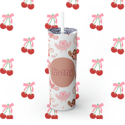 Coquette Cowgirl Hat Custom Name Skinny Tumbler with Straw, 20oz - Coquette Tumbler - Coquette Aesthetic Tumbler