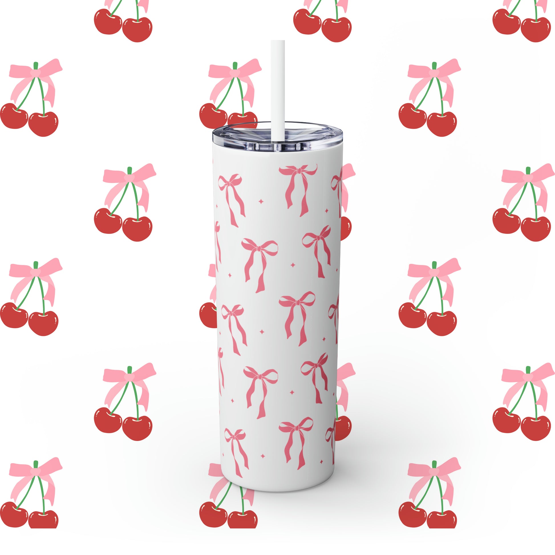 Coquette Bows Custom Name Skinny Tumbler with Straw, 20oz - Coquette Tumbler - Coquette Aesthetic Tumbler