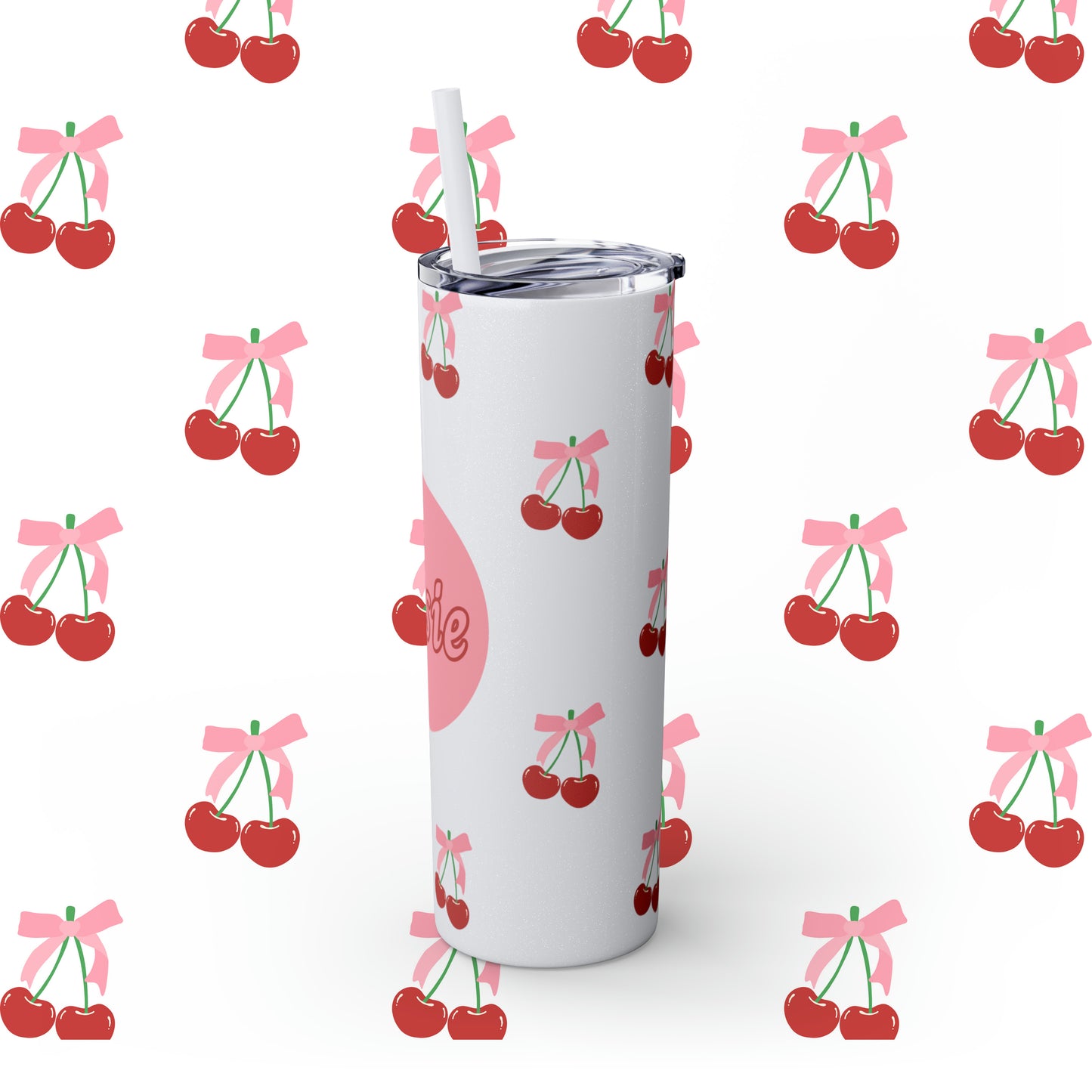 Coquette Cherries Custom Name Skinny Tumbler with Straw, 20oz - Teacher Tumbler - Custom Teacher Tumbler