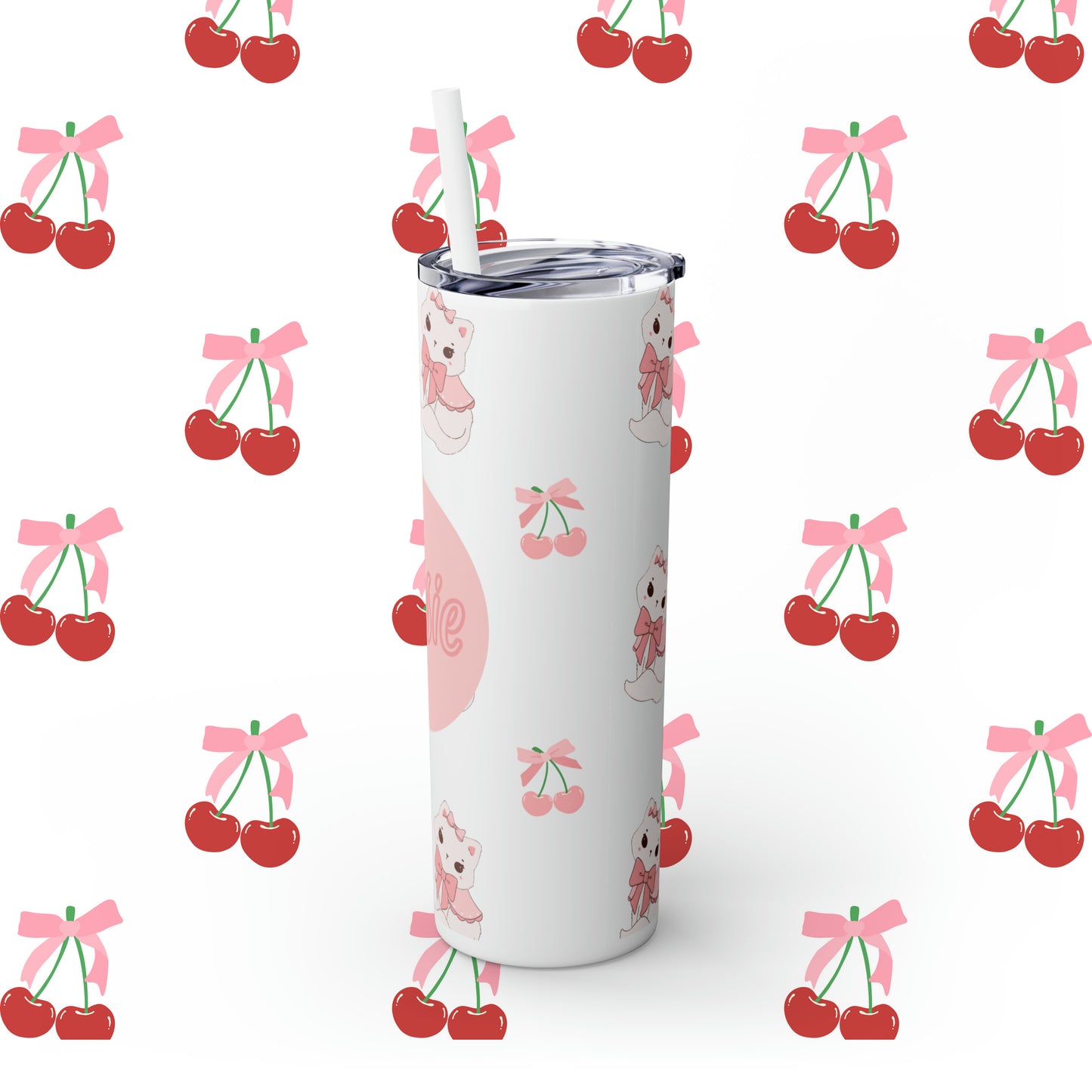 Coquette Cherries & Kittens Custom Name Skinny Tumbler with Straw, 20oz - Coquette Tumbler - Coquette Aesthetic Tumbler