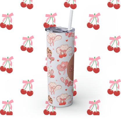 Coquette Cowgirl Hat Custom Name Skinny Tumbler with Straw, 20oz - Coquette Tumbler - Coquette Aesthetic Tumbler