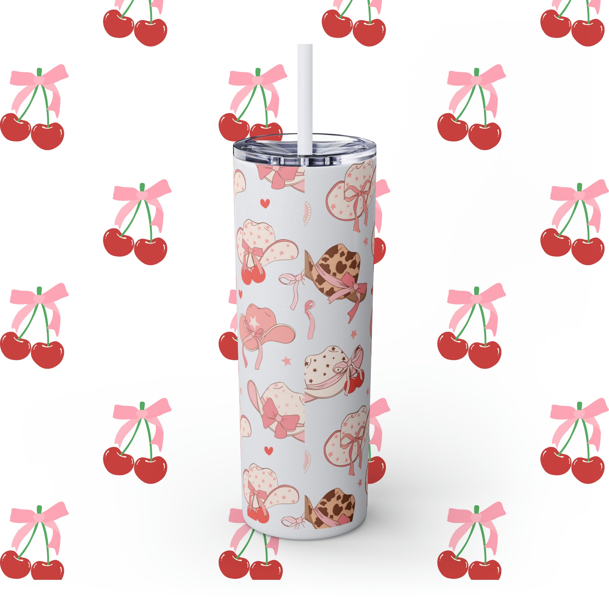 Coquette Cowgirl Hat Custom Name Skinny Tumbler with Straw, 20oz - Coquette Tumbler - Coquette Aesthetic Tumbler