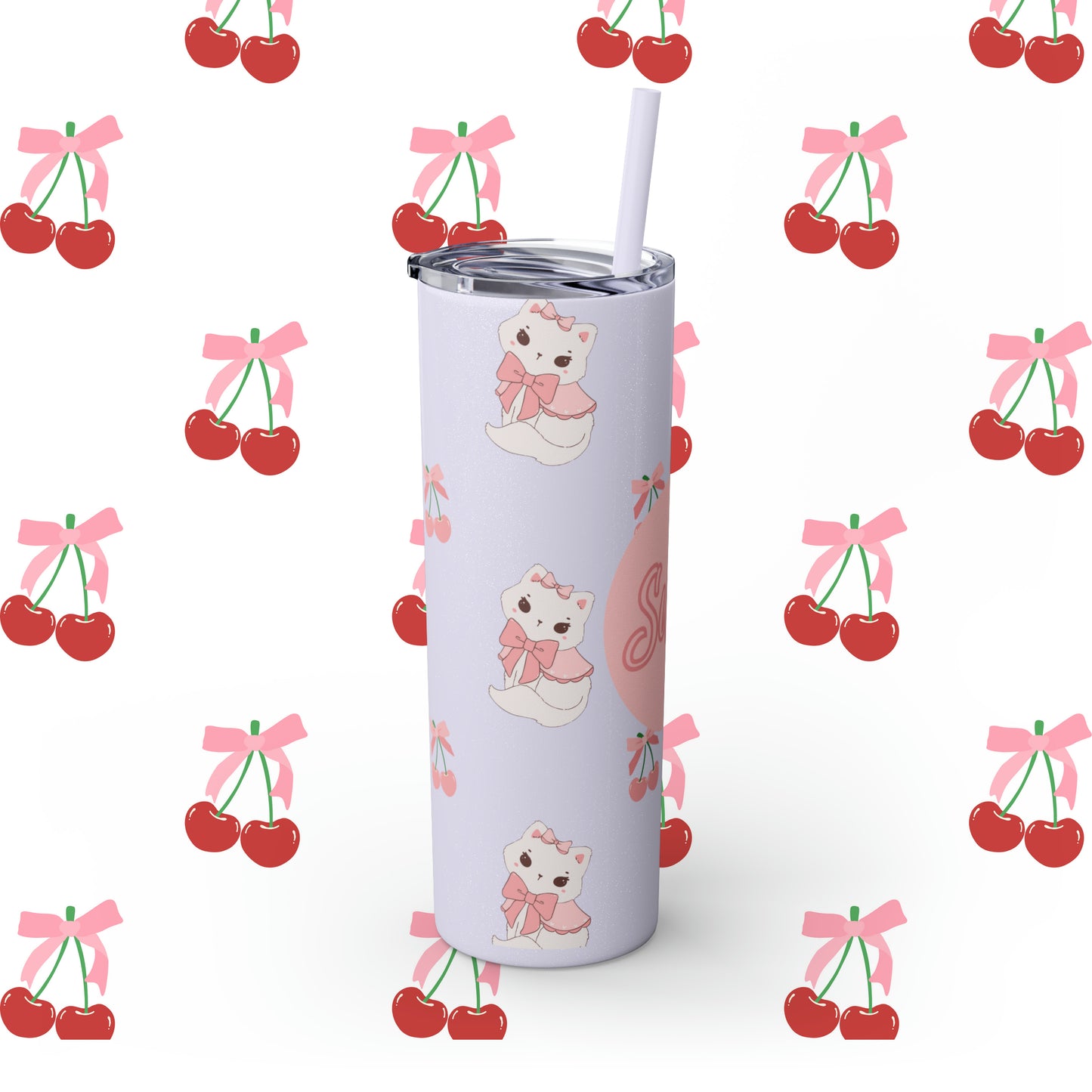 Coquette Cherries & Kittens Custom Name Skinny Tumbler with Straw, 20oz - Coquette Tumbler - Coquette Aesthetic Tumbler