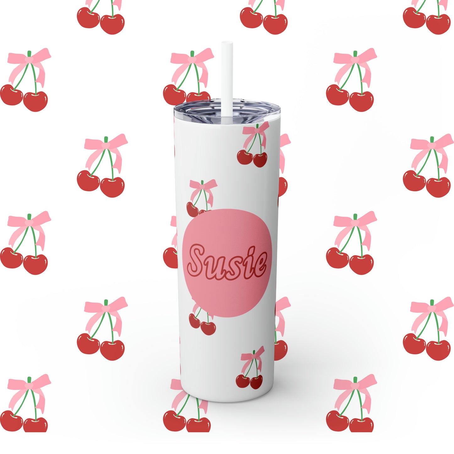 Coquette Cherries Custom Name Skinny Tumbler with Straw, 20oz - Teacher Tumbler - Custom Teacher Tumbler