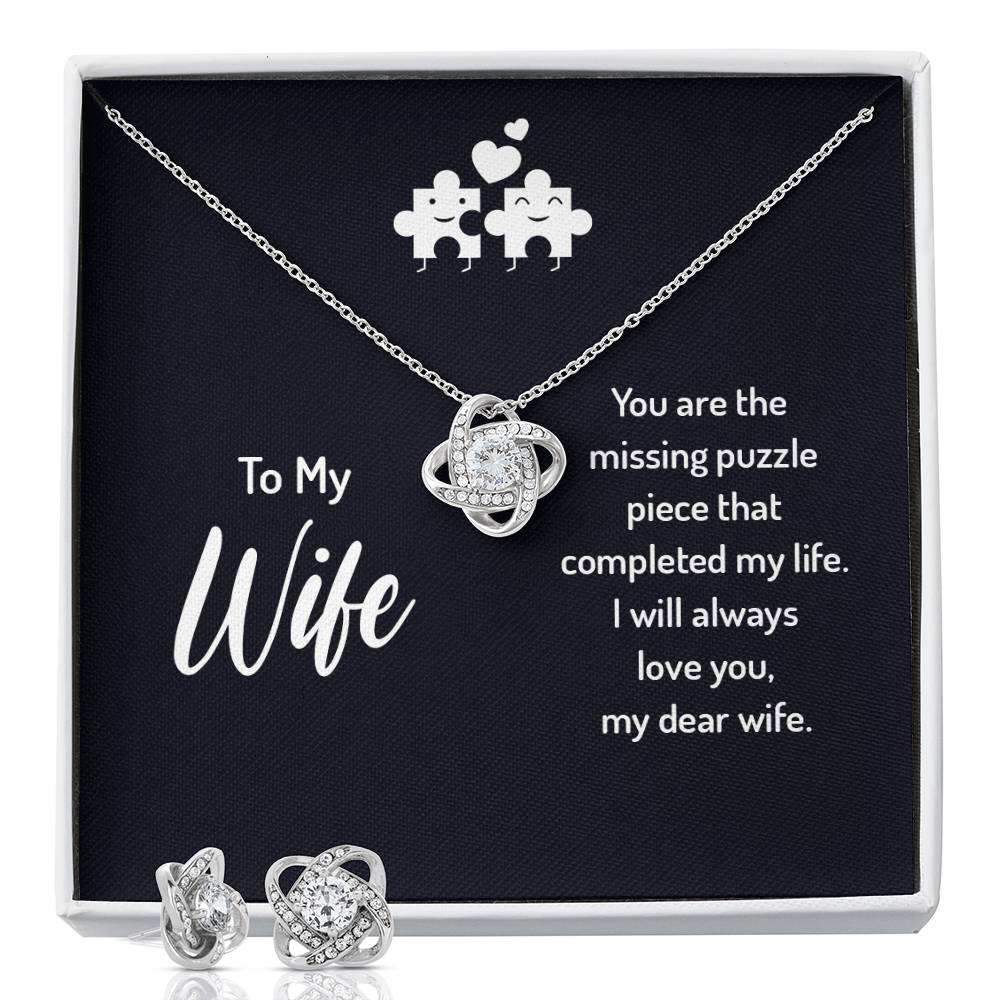 To My Wife Missing Puzzle Piece Love Knot Earring & Necklace Set