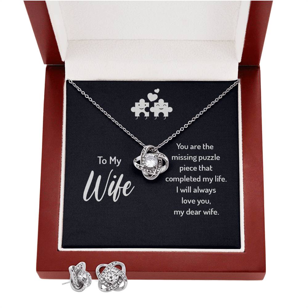 To My Wife Missing Puzzle Piece Love Knot Earring & Necklace Set