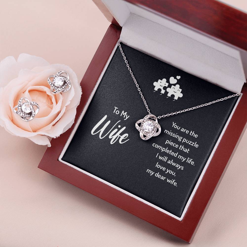 To My Wife Missing Puzzle Piece Love Knot Earring & Necklace Set