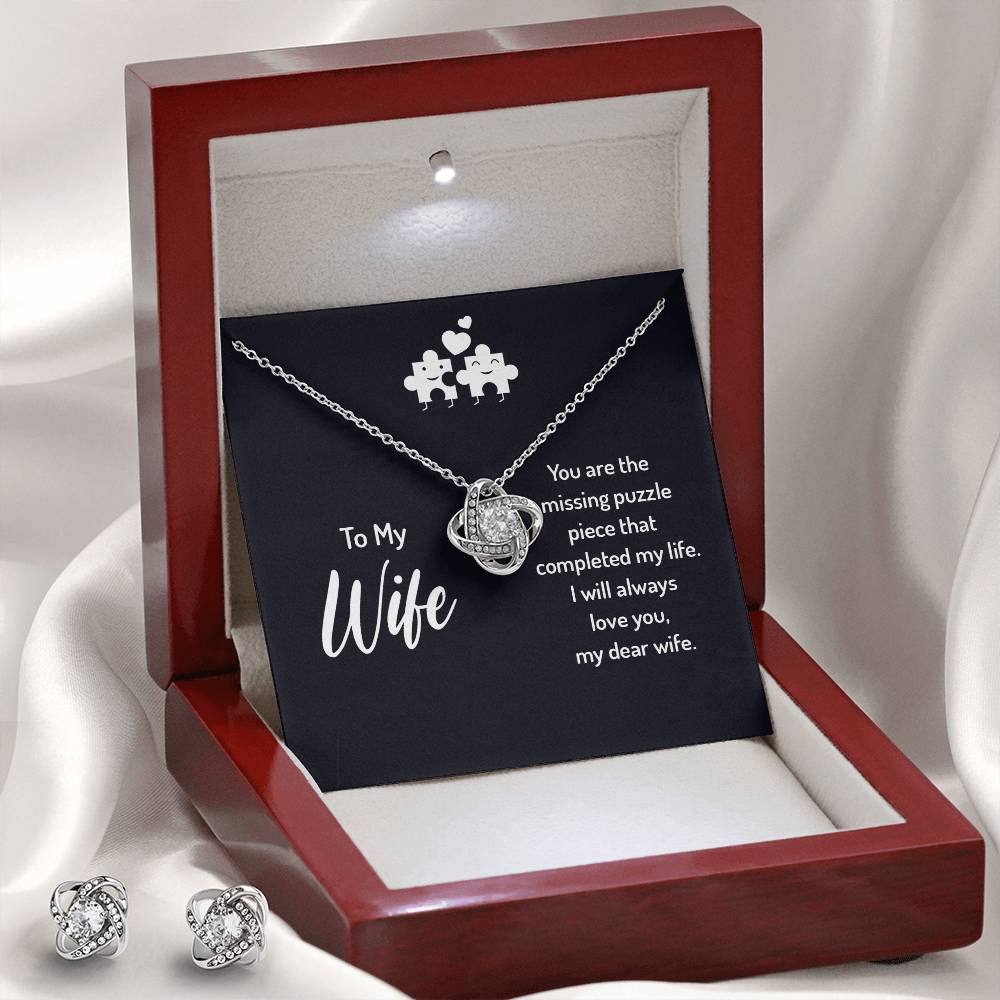 To My Wife Missing Puzzle Piece Love Knot Earring & Necklace Set