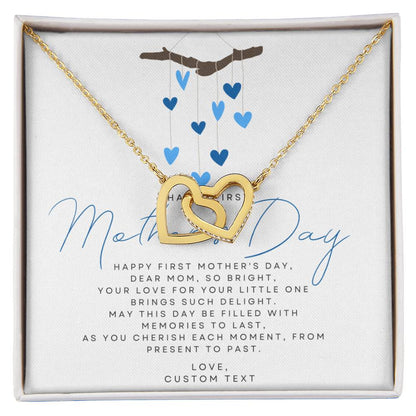 Happy First Mother's Day Interlocking Hearts Necklace with Blue Heart Box Card - Personalize It Toledo