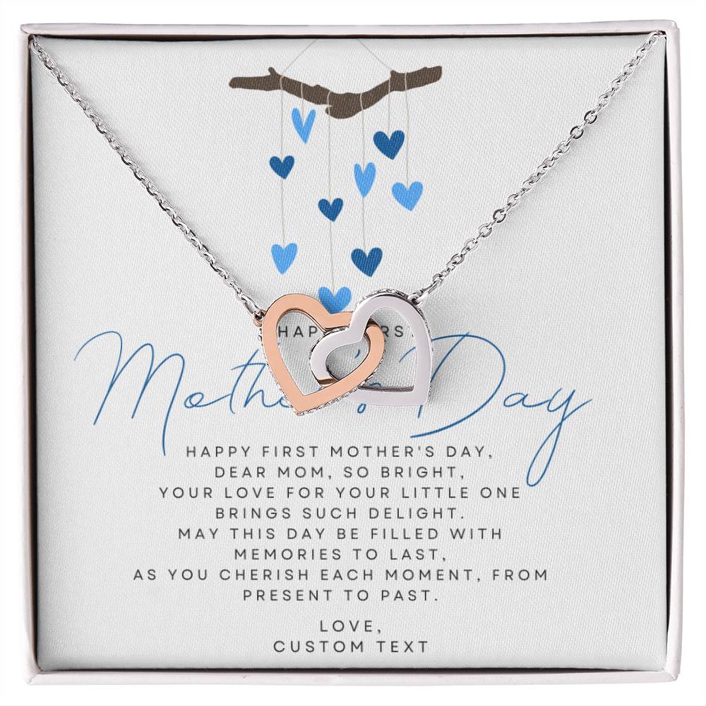 Happy First Mother's Day Interlocking Hearts Necklace with Blue Heart Box Card - Personalize It Toledo