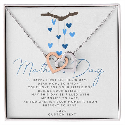 Happy First Mother's Day Interlocking Hearts Necklace with Blue Heart Box Card - Personalize It Toledo