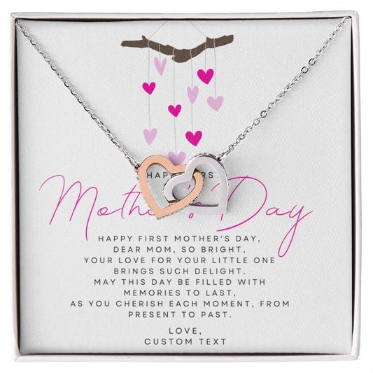 Happy First Mother's Day Interlocking Hearts Necklace with Pink Heart Box Card - Personalize It Toledo